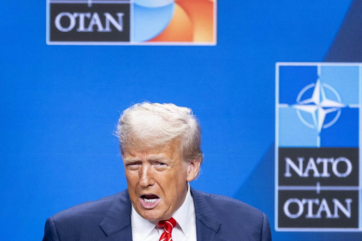 Президент США Дональд Трамп во время пресс-конференции после саммита НАТО в Гааге, Нидерланды, 25 июня 2025 года. Фото: Robin van Lonkhuijsen / EPA