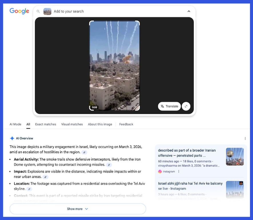 В обзоре искусственного интеллекта Google ложно утверждается, что сгенерированное ИИ видео иранских ракет, поражающих Тель-Авив, является подлинным. Фото: cкриншот с сайта NewsGuard