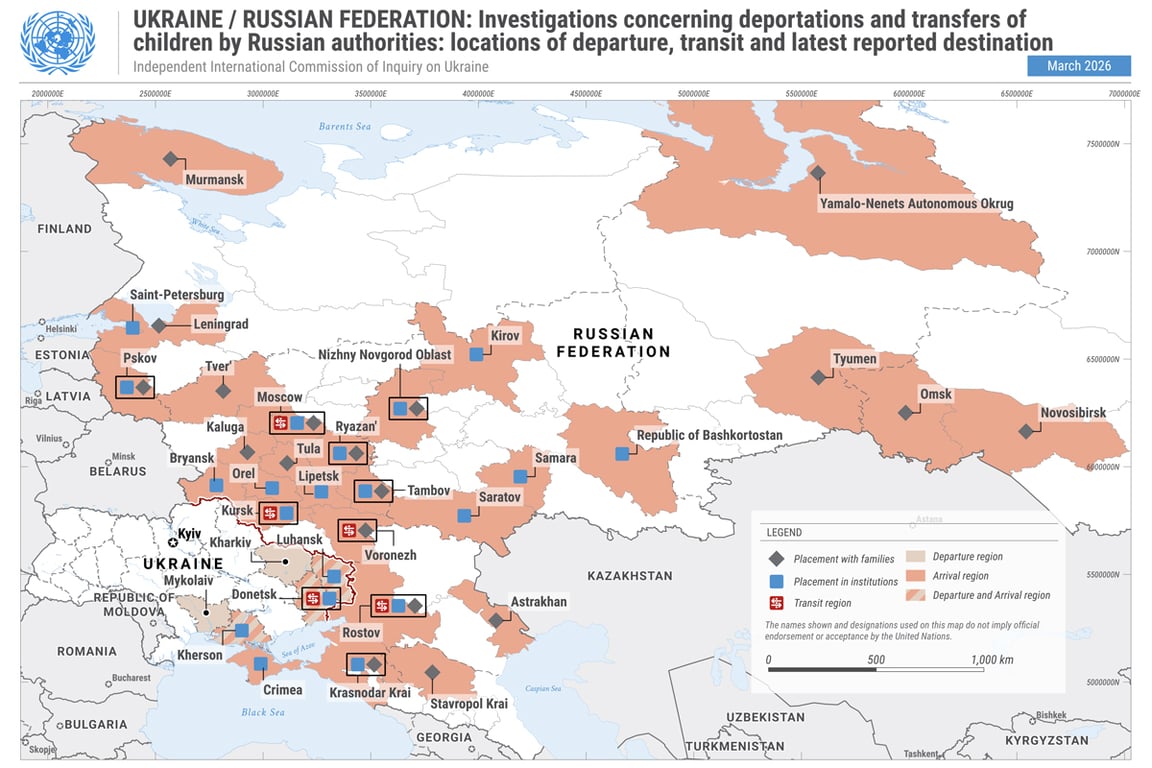 Карта ООН, на которой показаны регионы, откуда дети могли быть вывезены с оккупированных территорий Украины, и российские регионы, где, по данным комиссии, их размещали. Также обозначены транзитные регионы, размещение в лагерях, интернатах и приемных семьях