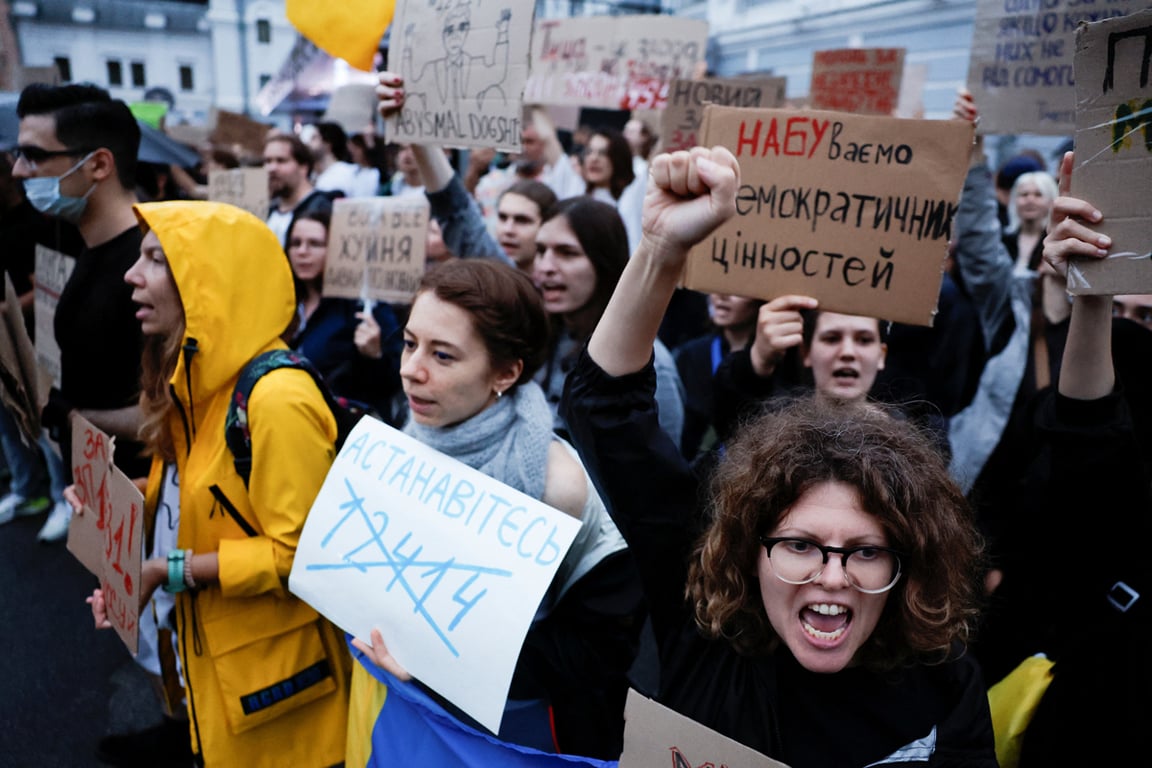 Митинг перед голосованием в парламенте о восстановлении независимости антикоррупционных органов, Киев, Украина, 30 июля 2025 года. Фото: Thomas Peter / Reuters / Scanpix / LETA
