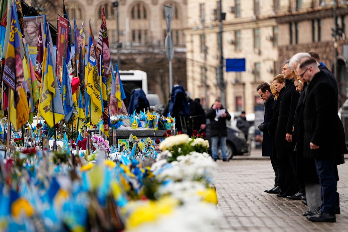 Zelensky is joined by the prime ministers of Denmark, Sweden and Latvia at ceremony honouring fallen Ukrainian soldiers at Maidan Square in Kyiv, Ukraine, 24 February 2026. Photo: EPA / Mads Claus Rasmussen