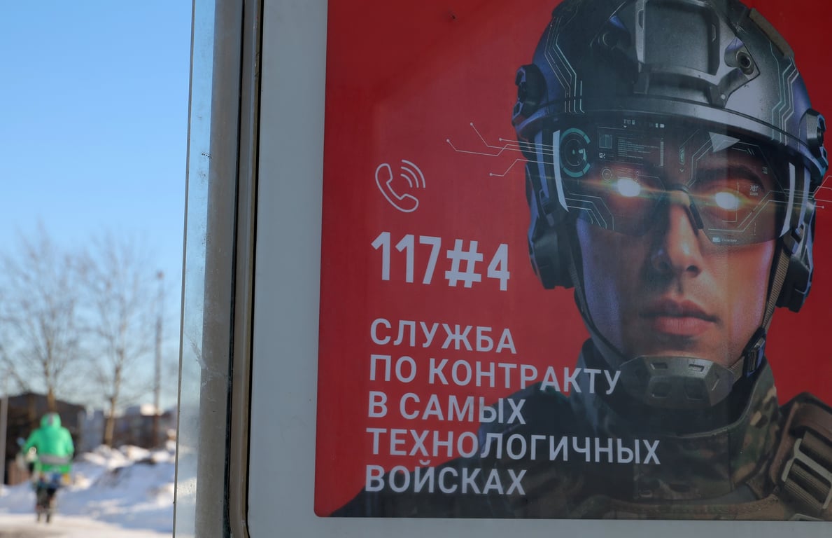 A military recruitment poster in Moscow, 17 February 2026. Photo: EPA / Maxim Shipenkov