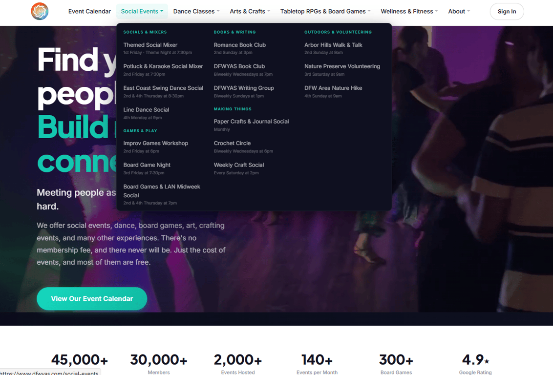 The site navigation with the Social Events menu open, showing events grouped into columns with their days and times.