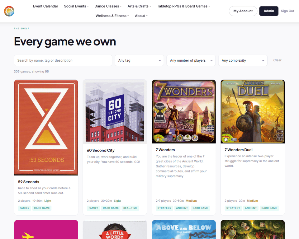 The board game library on the website, searchable by player count and playtime.