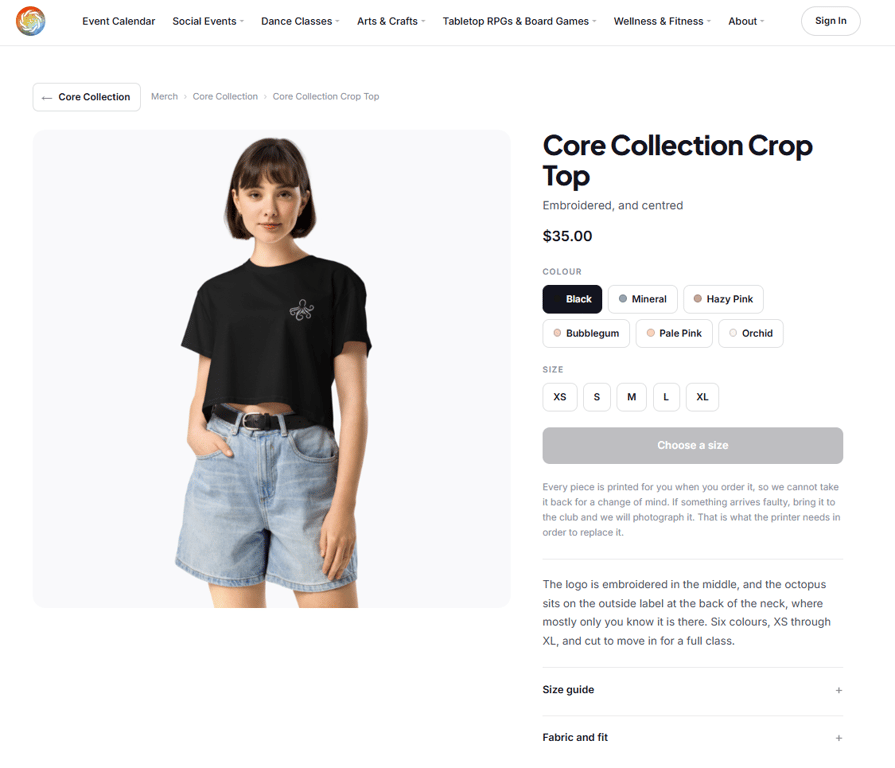 A product page with a size and a colour selected and the Add to cart button ready.