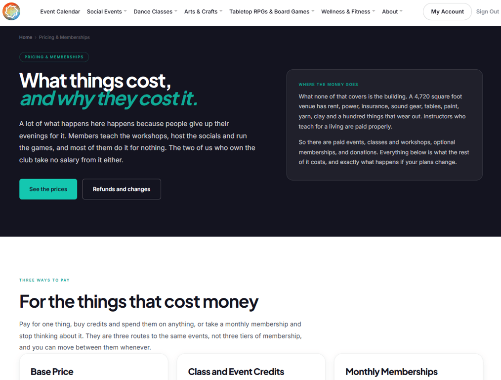 The pricing and memberships page, showing the three ways to pay side by side.