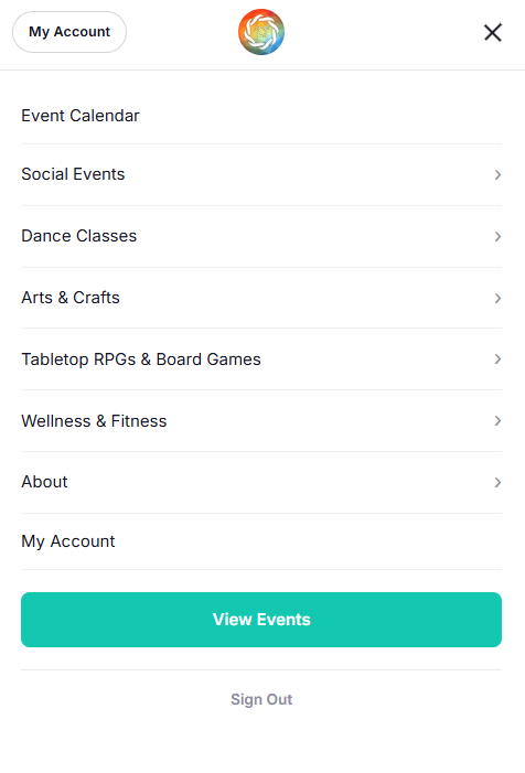 The mobile menu open on a phone, with My Account as the last link below About.