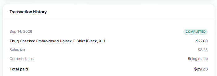The Billing tab of the account page showing a merch order with its items, sales tax, current status and total paid.
