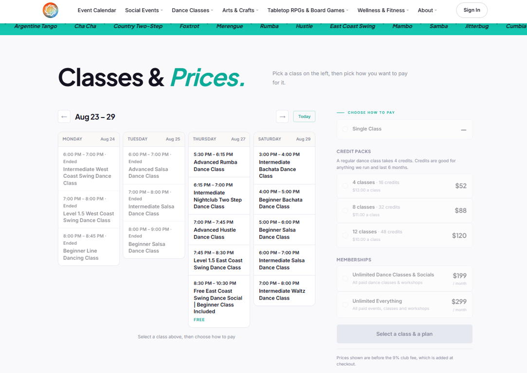 The dance schedule page with a column for each day of the week.