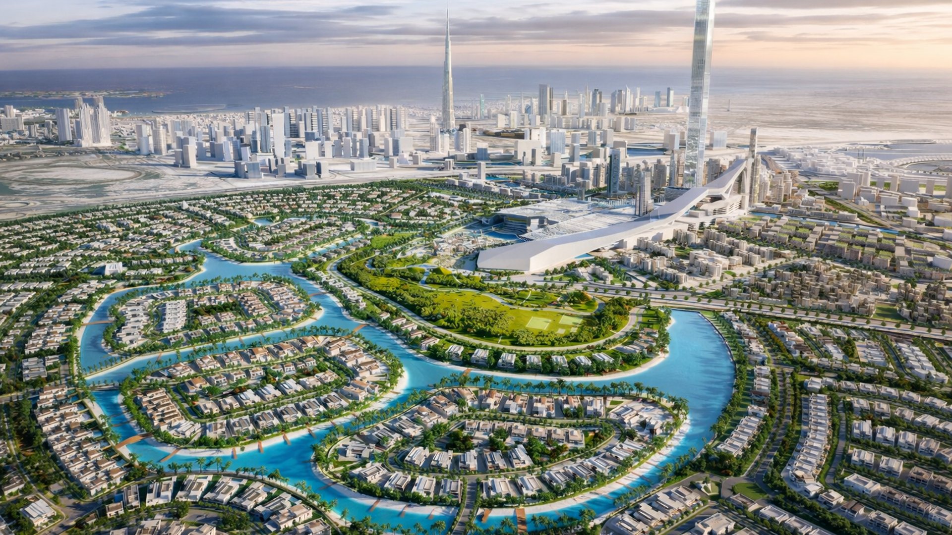 District 11，MBR City，迪拜：高端别墅、滨水生活、葱郁绿化和宁静住宅街道，并可眺望 Burj Khalifa 天际线