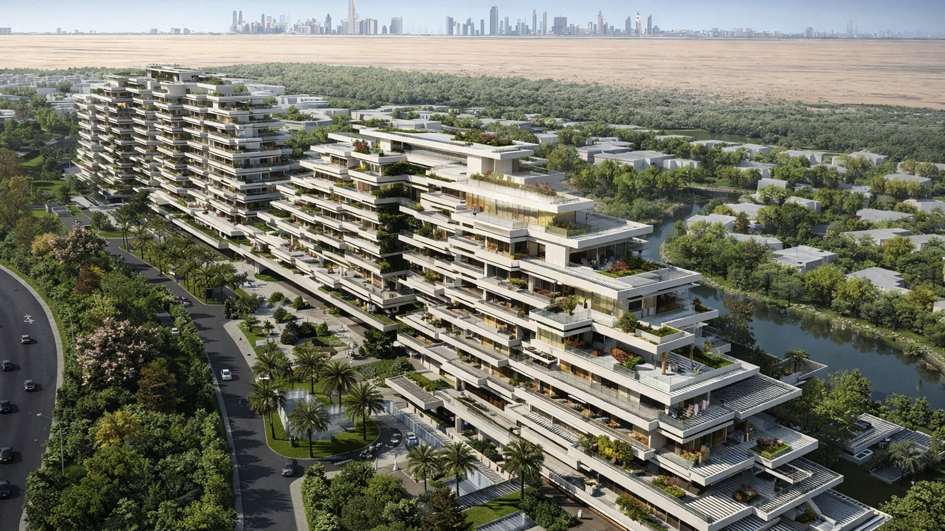 Al Barari, ökologisch ausgerichtetes Luxus-Wohnquartier in Dubai mit terrassierter, niedrig verdichteter Architektur, üppiger Begrünung, Wasserwegen und wellnessorientiertem Wohnen in einer ganzheitlich geplanten Anlage