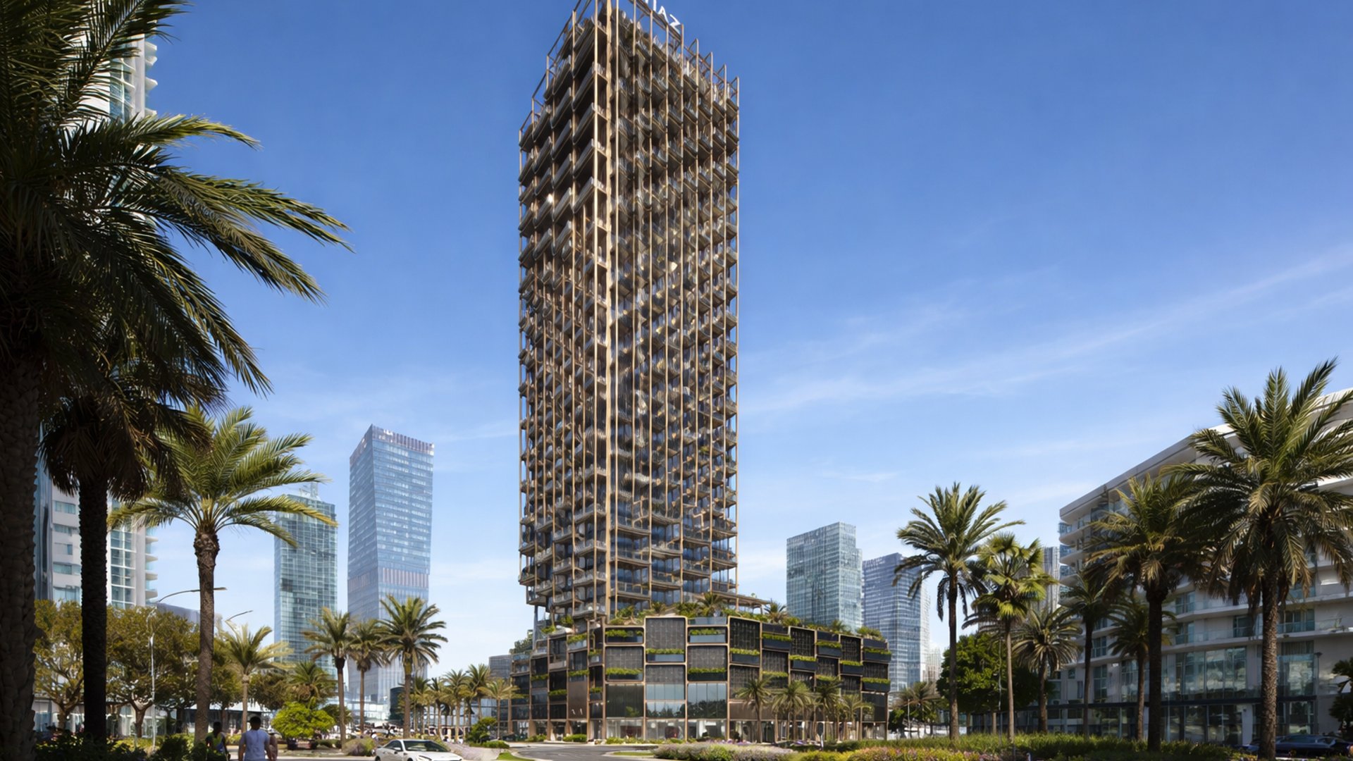 The Symphony von Imtiaz Developments, moderner Wohnturm in Meydan Horizon Dubai mit markanter Fassade und begrüntem Podium in urbaner Umgebung