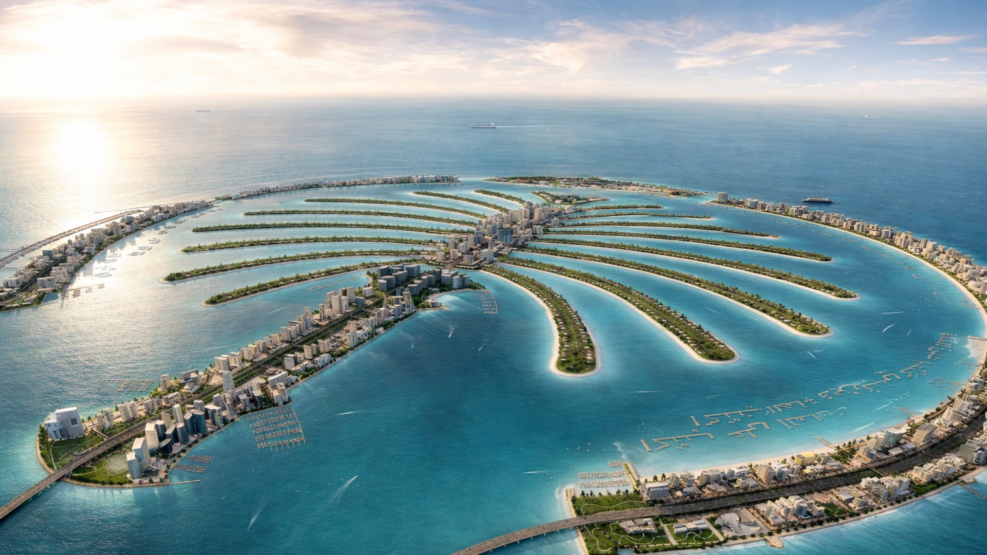 Palm Jebel Ali von Nakheel, ikonisches palmenförmiges Inselprojekt in Dubai mit Residenzen am Strand, Lagunen und großflächiger Küstenplanung