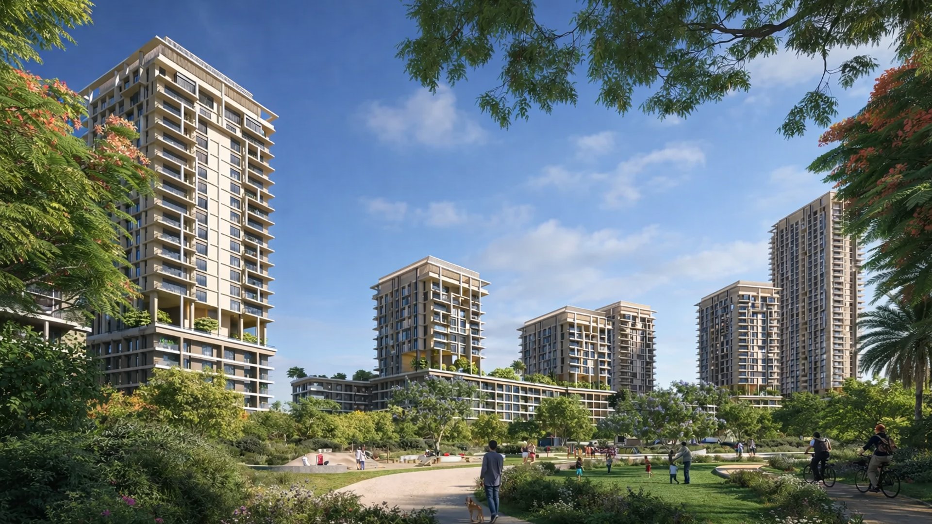 Boulevard Park at Wasl Gate, landschaftlich gestalteter Zentralpark mit modernen Wohngebäuden, Fußwegen und lebendigem Quartiersleben in Dubai