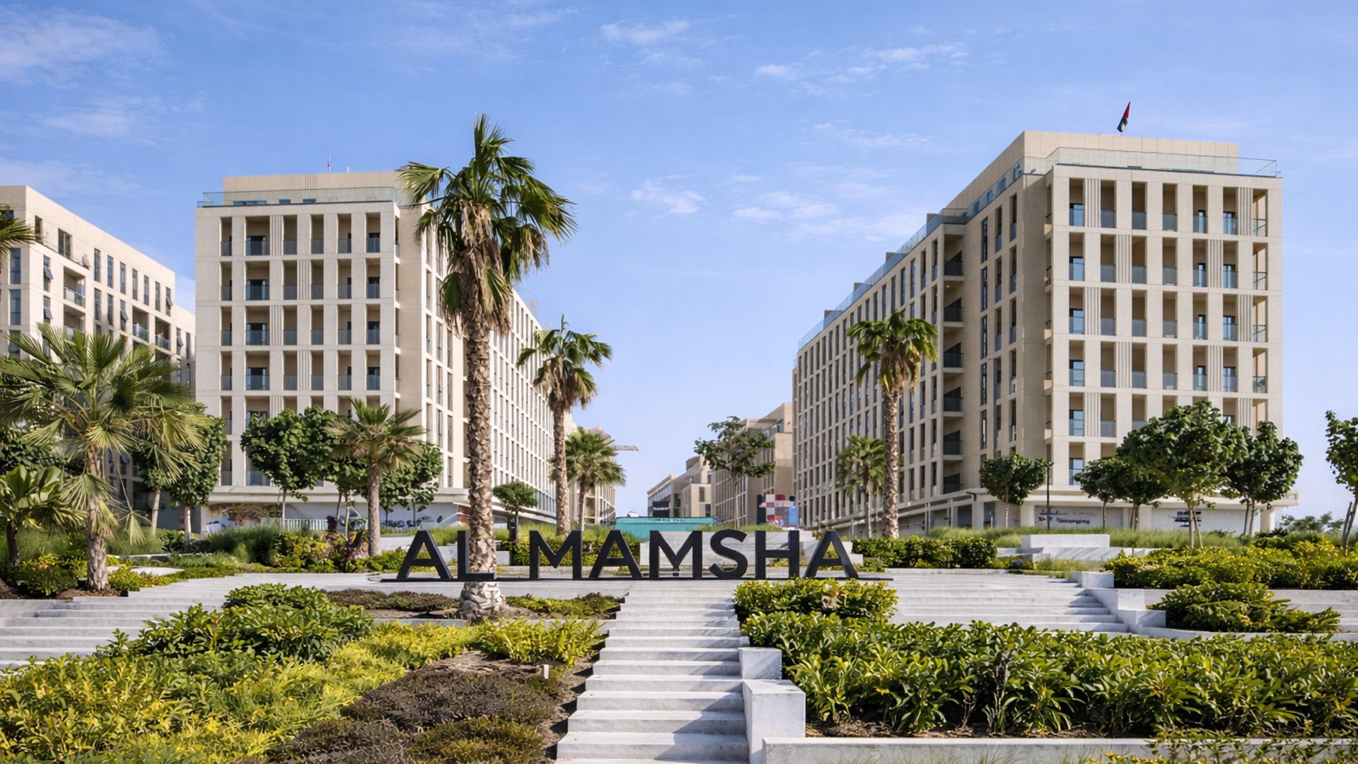 Vue du quartier Al Mamsha à Sharjah, EAU