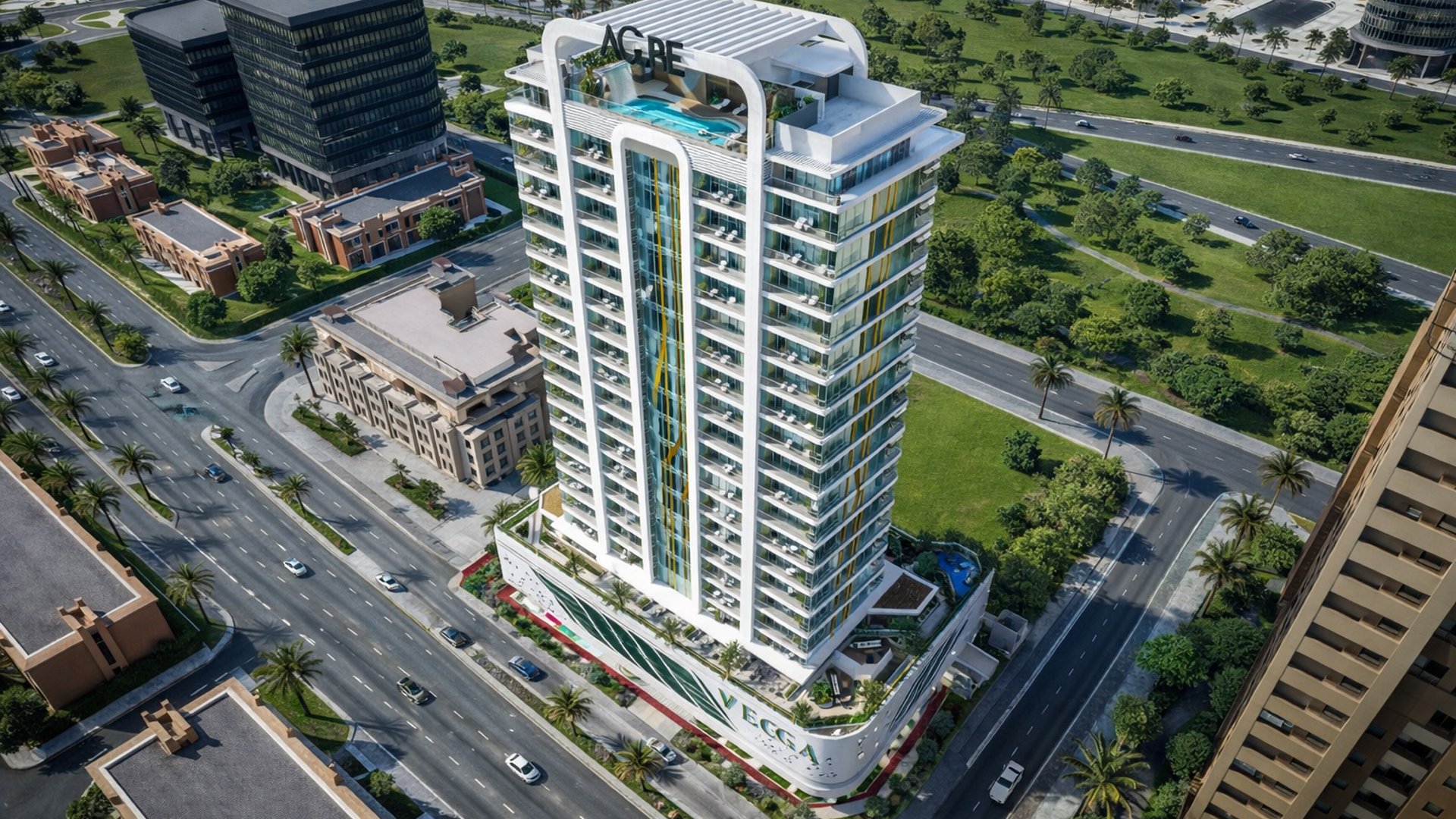 Vega von Acube Developers in Dubai Sports City, zeitgemäßer Wohnturm mit Dachpool, hochwertigen Apartments und lebendiger urbaner Umgebung