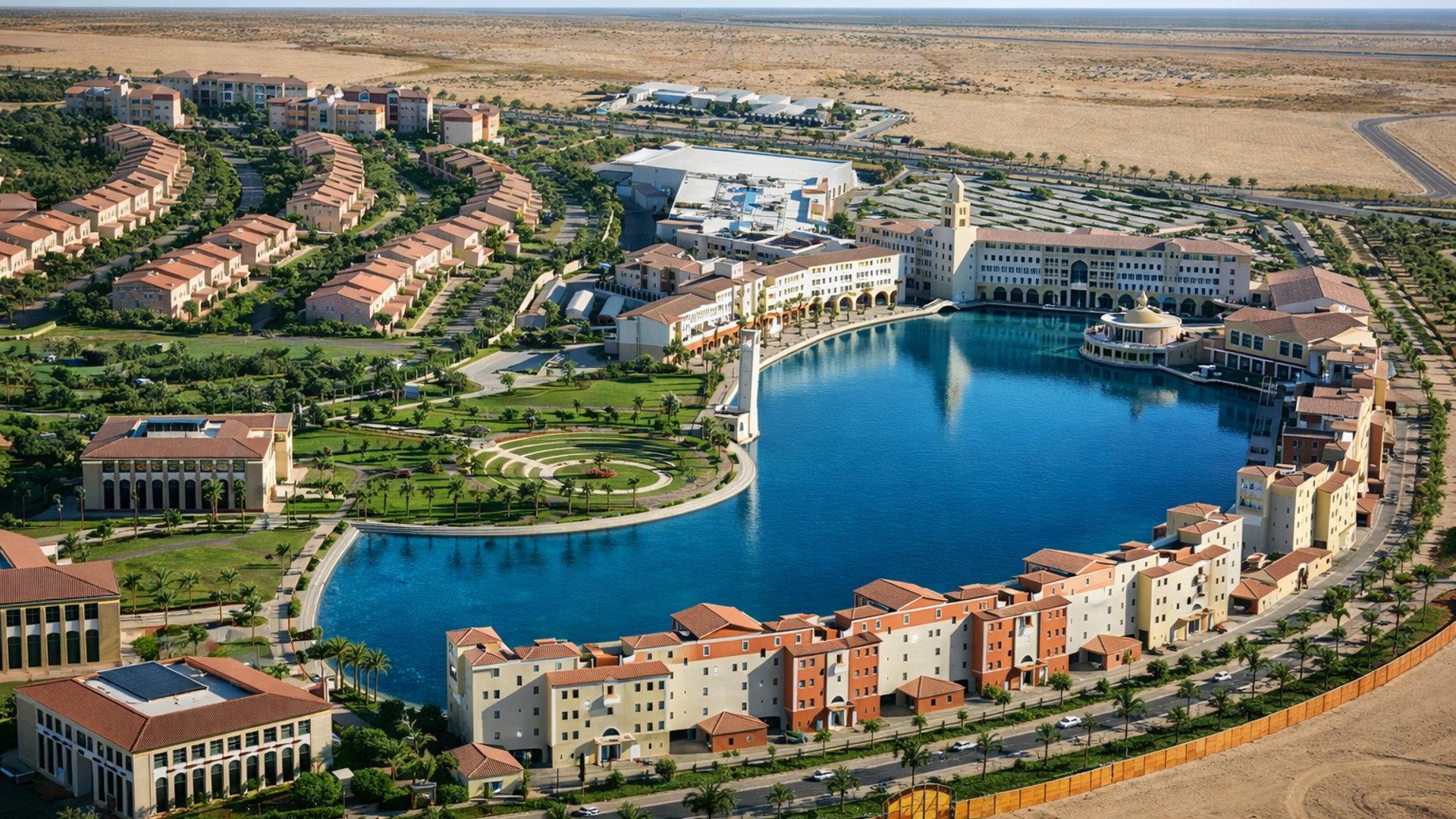 Dubai Investment Park，迪拜：综合用途社区，包含住宅别墅、商务区域、绿色空间和宽阔道路，呈现平衡的城市生活环境