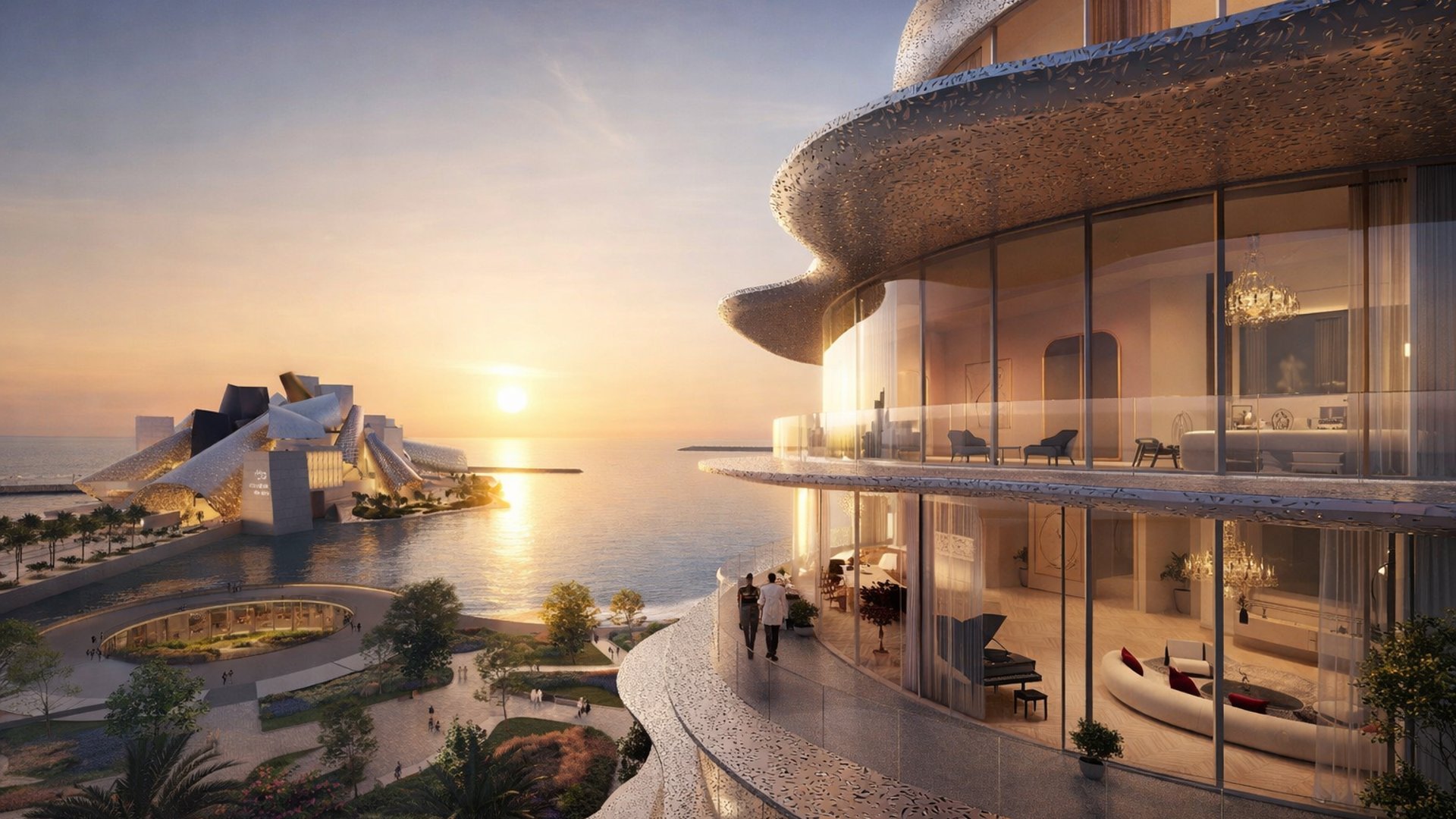 Baccarat Residences Saadiyat von Aldar, Luxusapartments am Wasser in Abu Dhabi mit Panoramablick aufs Meer und zeitgemäßer geschwungener Architektur bei Sonnenuntergang