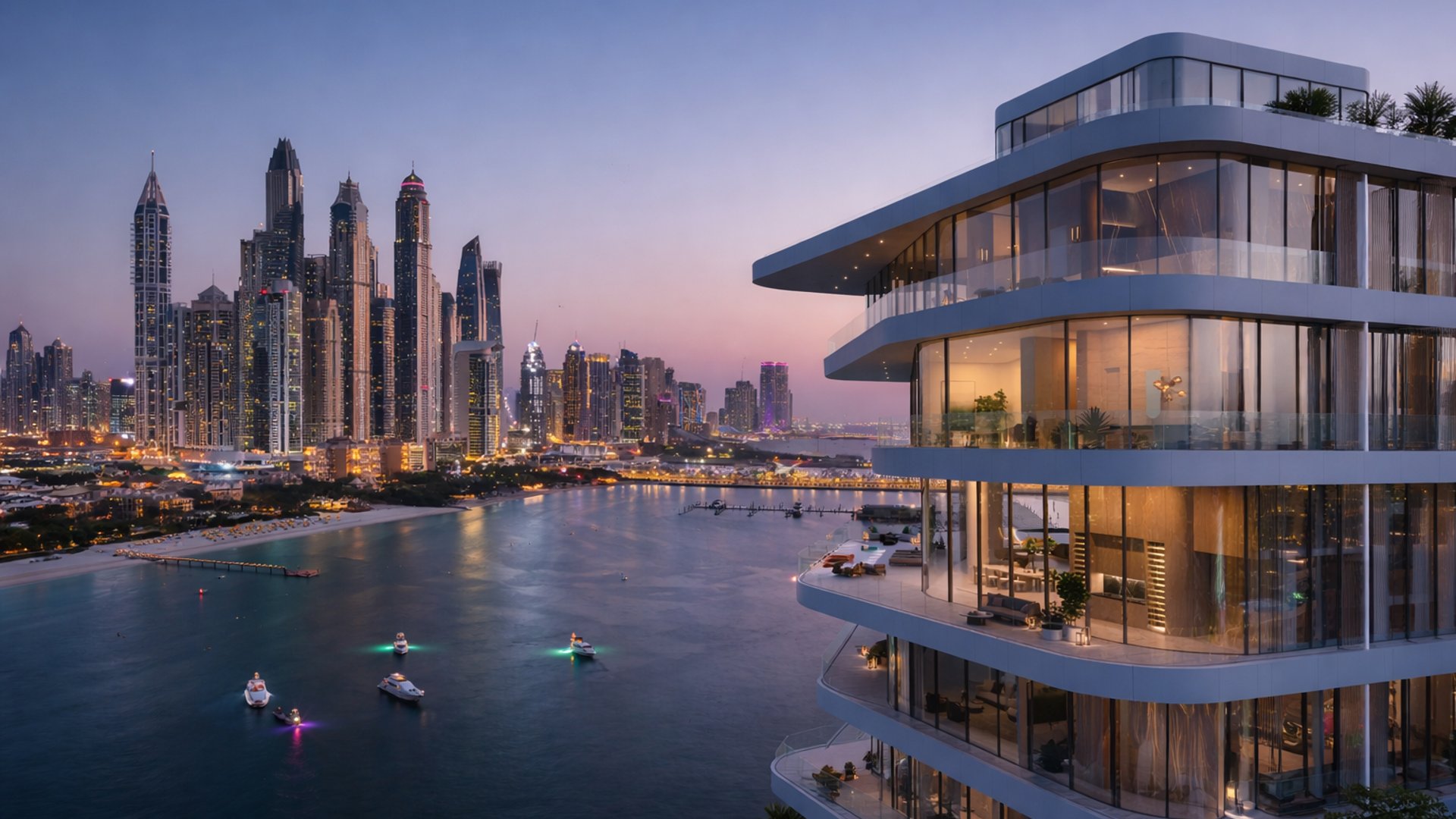 Omniyat Group Ultra-Luxus-Residenz am Wasser in Dubai mit skulpturaler moderner Architektur, Panoramablick aufs Meer und ikonischer Stadtsilhouette in der Dämmerung