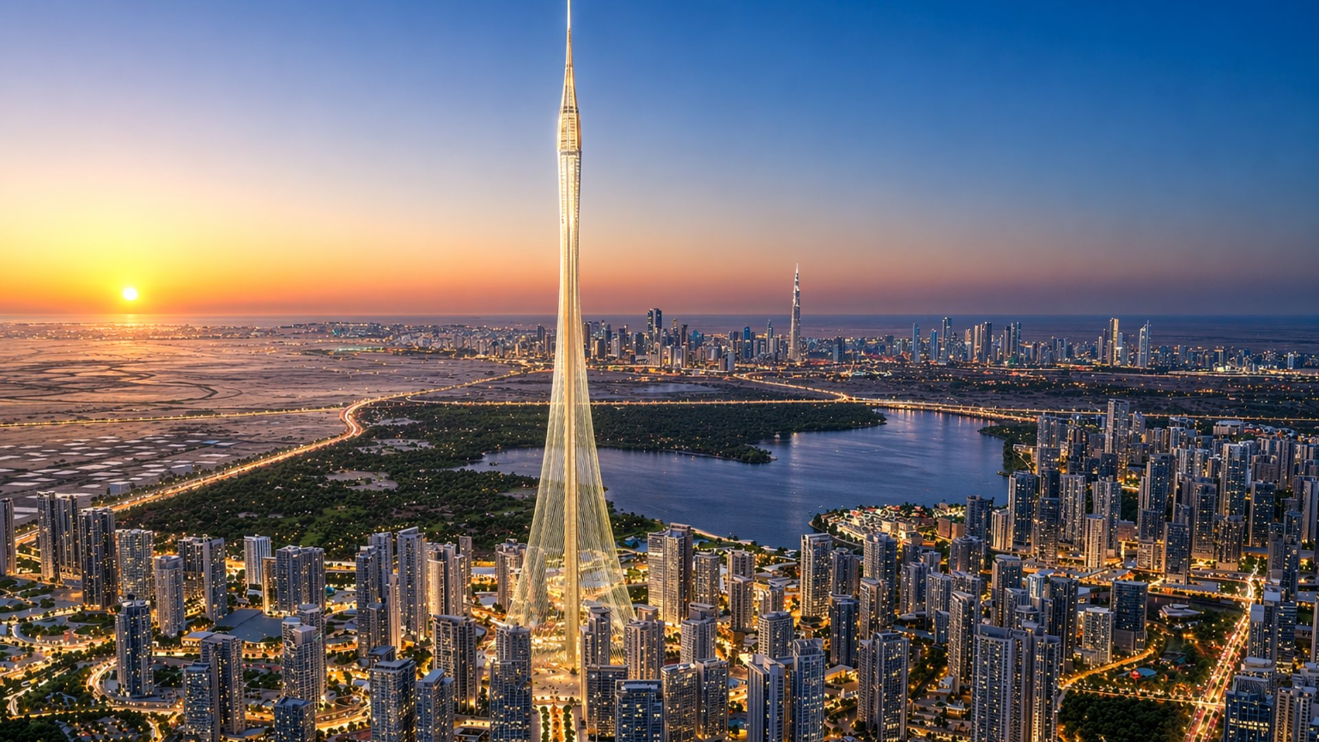 Dubai Creek Tower von Emaar in Dubai Creek Harbour — künftiges ikonisches Wahrzeichen über der Stadtsilhouette am Wasser, mit modernem Hochhausviertel und Panoramablick auf die Stadt