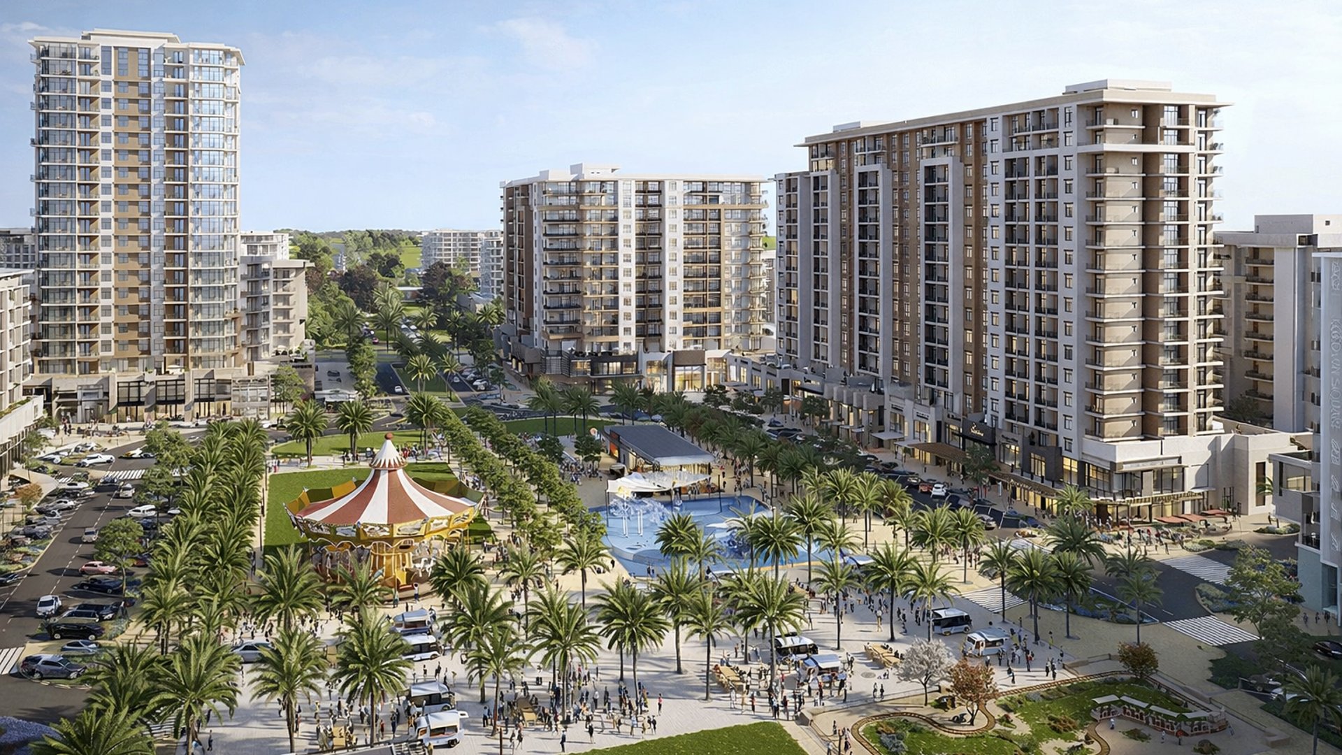 Town Square Dubai von Nshama, lebendiges Wohnquartier mit begrüntem Park, Einzelhandelspromenade, Familienbereichen und modernen Apartmentgebäuden