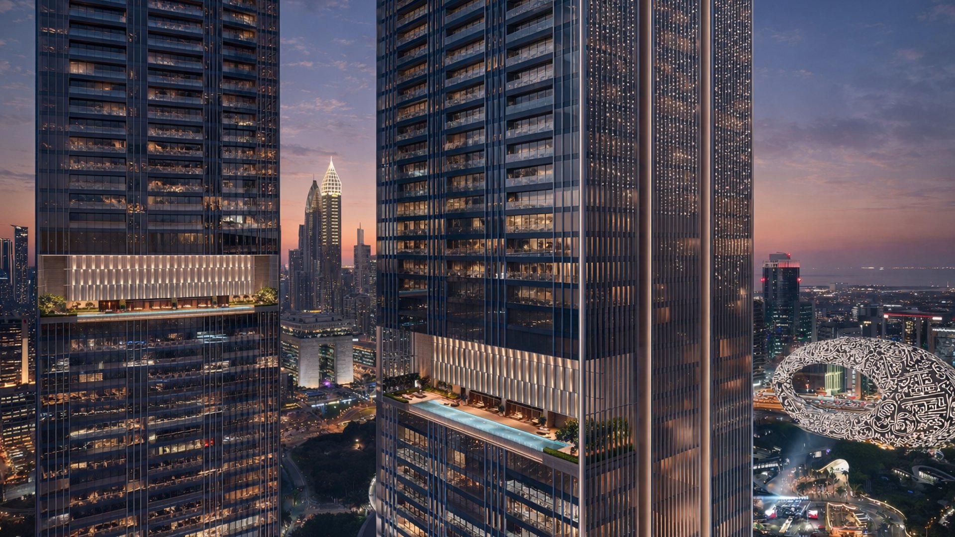 Jumeirah Residences Emirates Towers par Meraas, résidences haut de gamme en hauteur à Dubai, avec façade illuminée et vues emblématiques sur le panorama urbain près du Museum of the Future