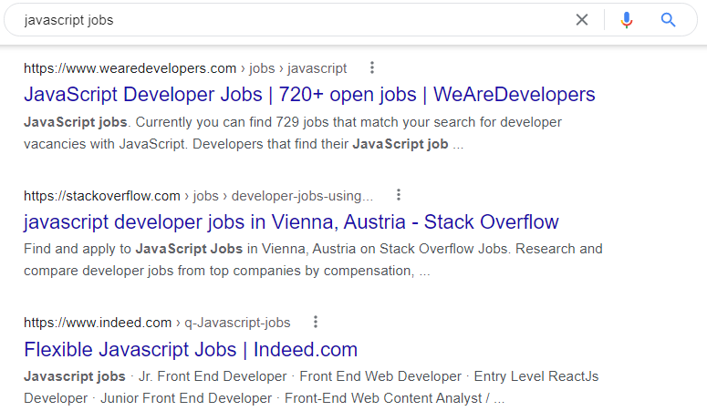 Google Suche nach Javascript Jobs