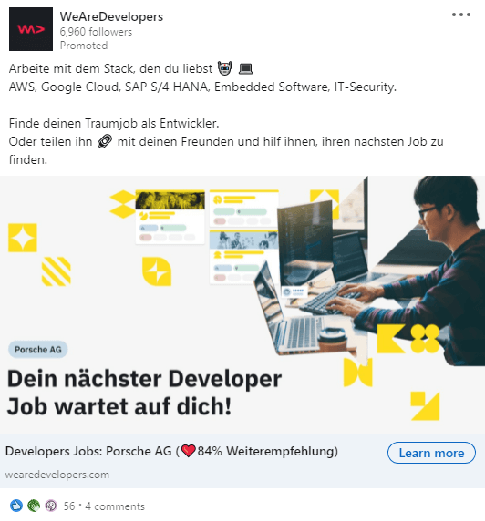 Anzeige von WeAreDevelopers zur Suche nach Software Entwickler*innen.