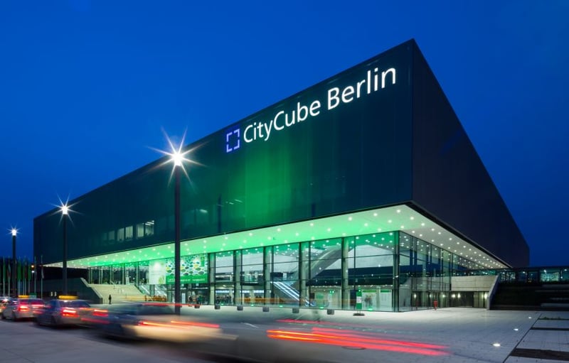 Messe Berlin lit at night.