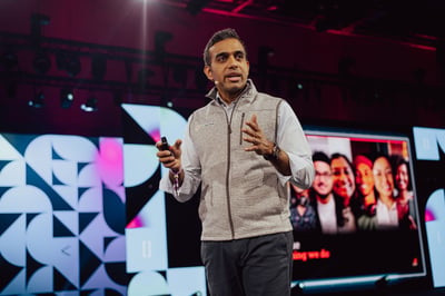 Stack Overflow CEO Prashanth Chandrasekar on the WeAreDevelopers stage announcing OverflowAI.