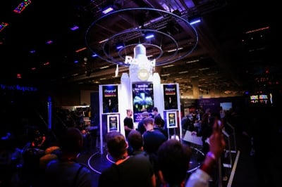 Rocket-themed stage moment at WeAreDevelopers, when partner Rapyd announced a coding challenge with a trip to space as the prize.