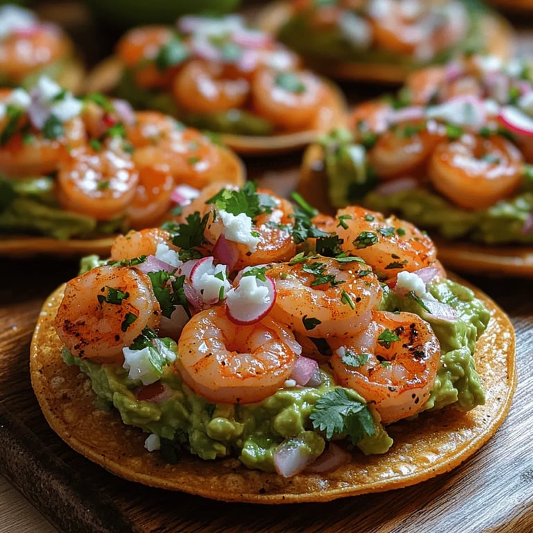 Shrimp Guacamole Tostadas Recipe: A Flavorful Delight close up showing texture and detail