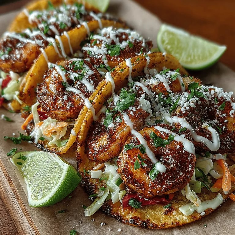 Spicy Zesty Shrimp Tacos close up showing texture and detail