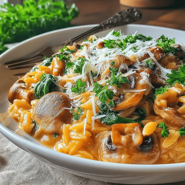 Creamy Orzo Delight with Mushrooms & Spinach close up showing texture and detail