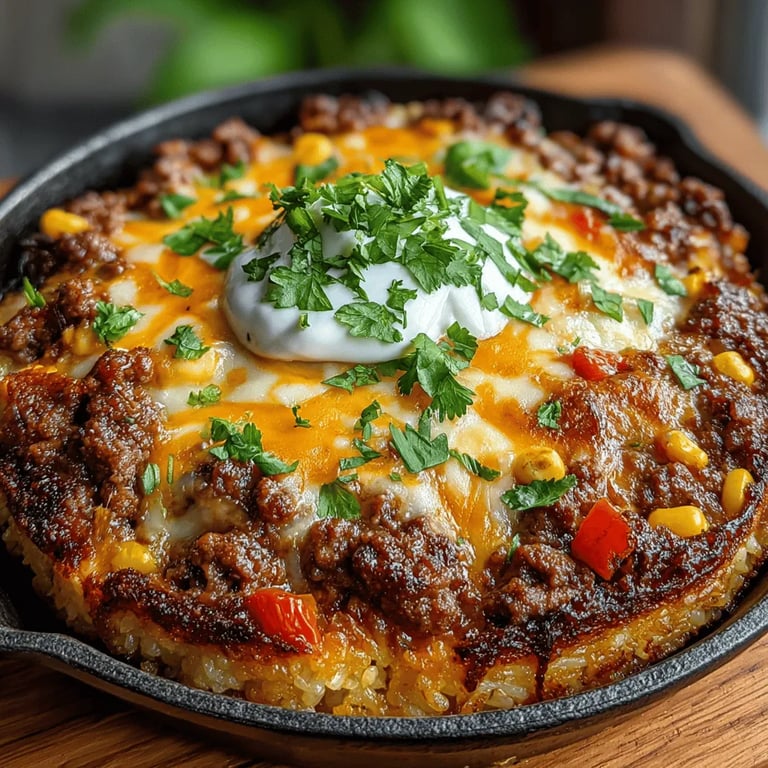 Cheesy Beef and Rice Skillet Bake