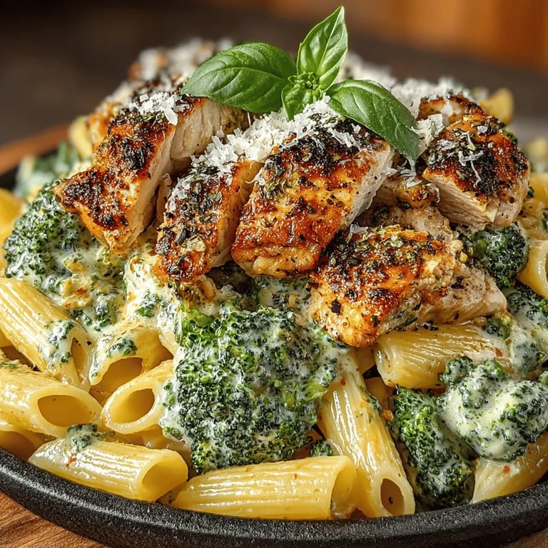 Creamy Chicken Broccoli Pasta close up showing texture and detail
