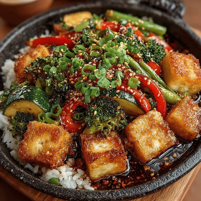 Vibrant Veggie Stir-Fry with Tofu and Rice close up showing texture and detail
