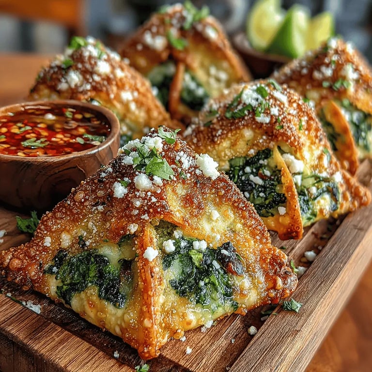 Crispy Air Fryer Spinach Ricotta Wontons close up showing texture and detail