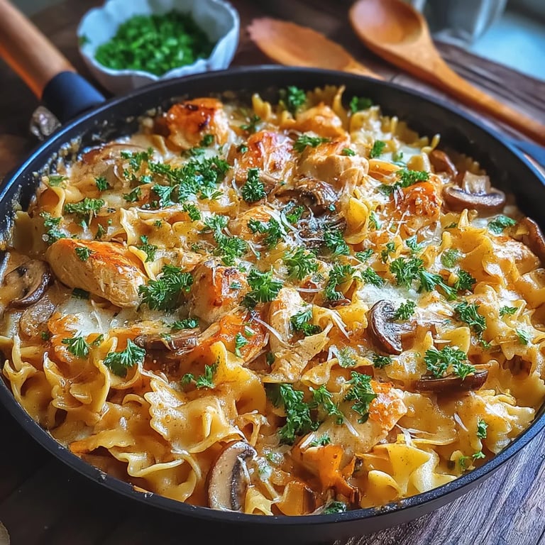 One-Pan Creamy Mushroom Chicken Stroganoff close up showing texture and detail