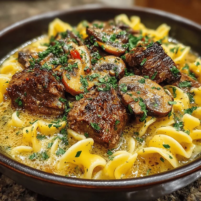 Comforting Slow-Cooked Beef Stroganoff over Egg Noodles close up showing texture and detail