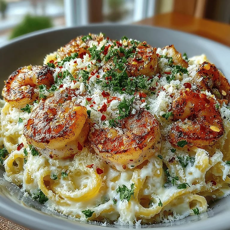 Creamy Shrimp Alfredo Pasta Delight close up showing texture and detail