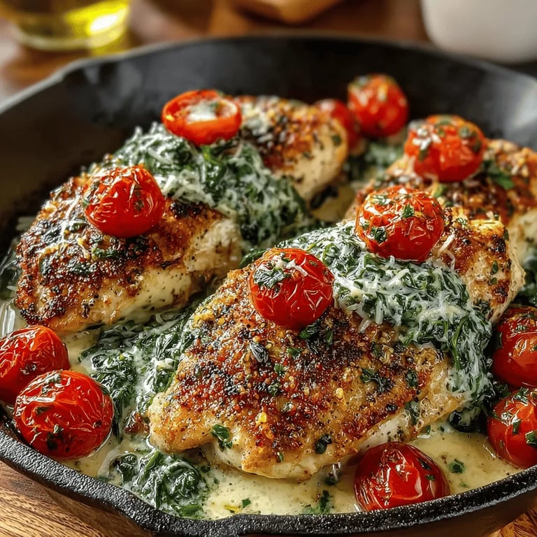 Baked Creamy Tomato Basil Chicken close up showing texture and detail