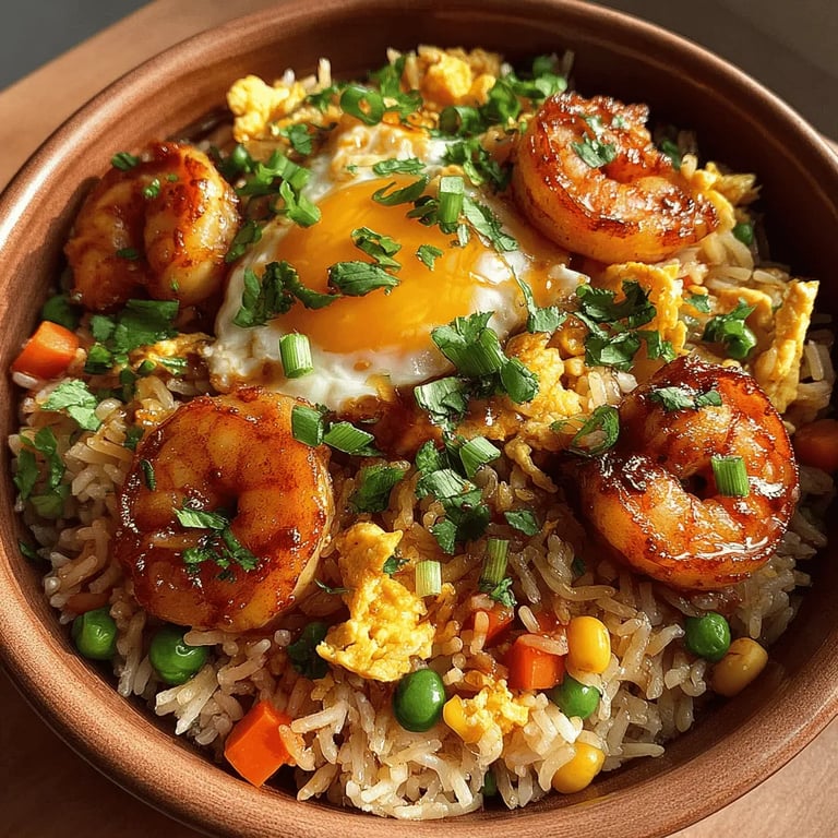 Quick & Colorful Shrimp Fried Rice close up showing texture and detail