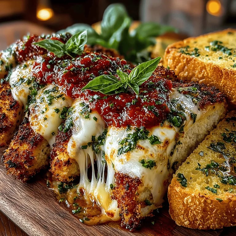 Chicken Parm Extravaganza with Garlic Delight: A Culinary Masterpiece close up showing texture and detail