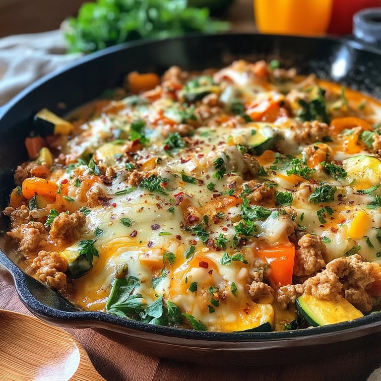 Turkey Veggie Cheese Skillet close up showing texture and detail