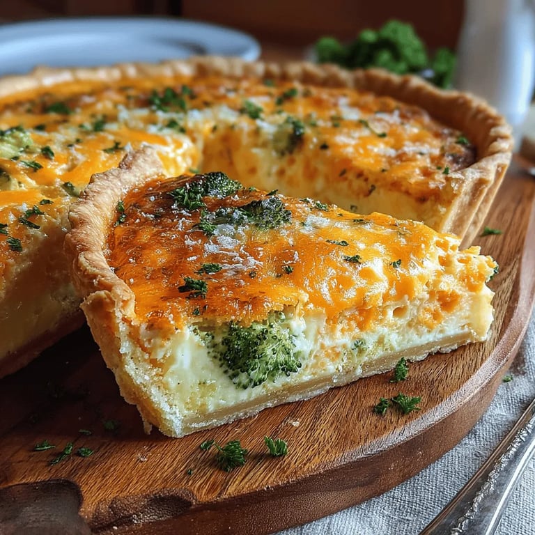 Delightful Cheddar and Broccoli Quiche close up showing texture and detail