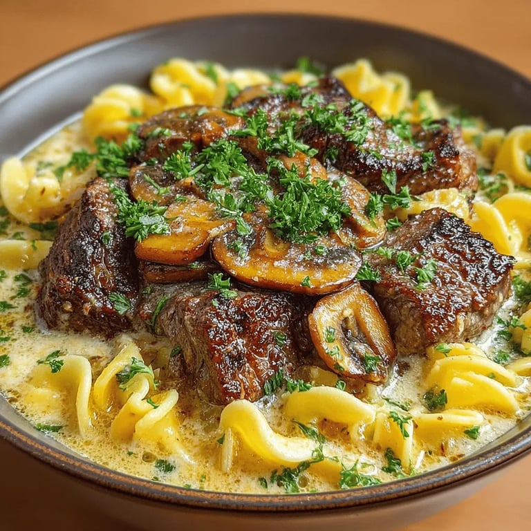 Deliciously Creamy Beef Stroganoff Recipe close up showing texture and detail
