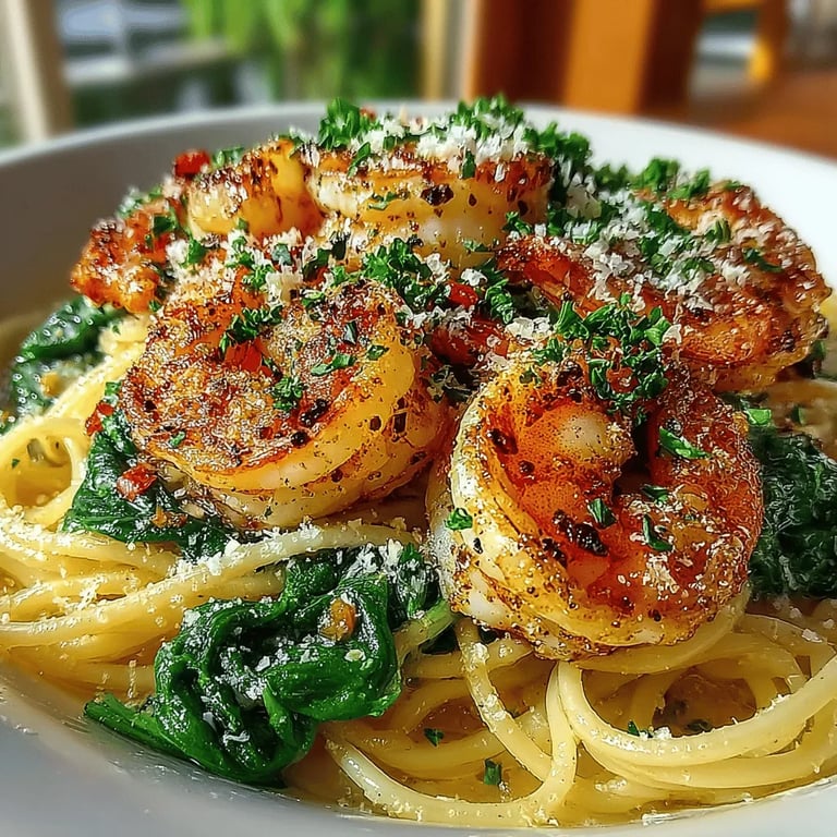 Zesty lemon garlic shrimp pasta close up showing bright lemon zest, pink shrimp, and vibrant spinach