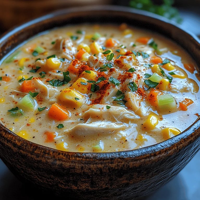 Creamy Chicken and Corn Soup: A Hearty Comfort Food close up showing texture and detail