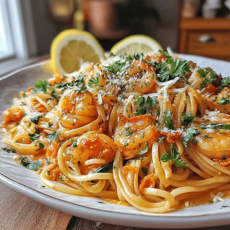 Garlic Shrimp Delight: Quick Skillet Spinach Pasta close up showing texture and detail